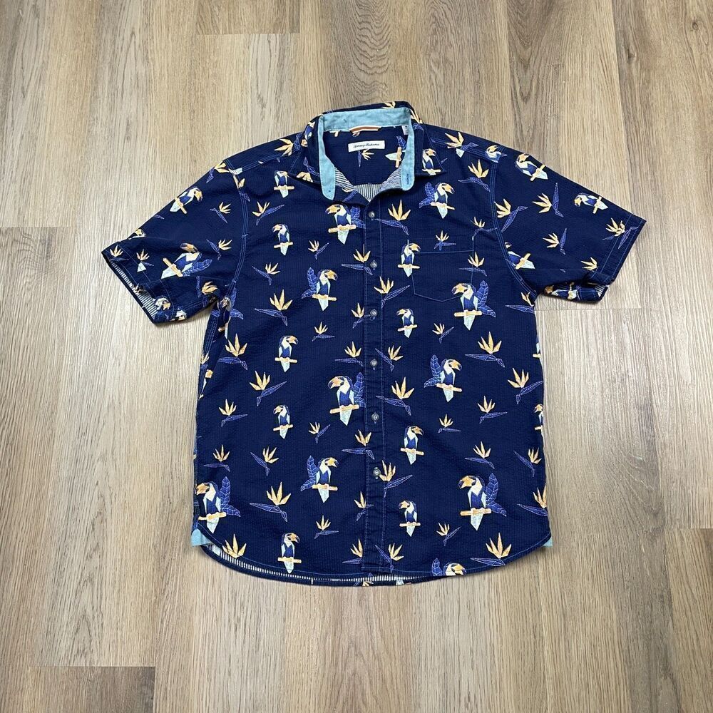 Tommy Bahama Shirt Mens Medium Blue Toucan Du Camp AOP Short Sleeve